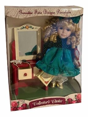 Collector’s Choice Fine Bisque Porcelain Doll w/ Vanity & Accessories NIB Sealed
